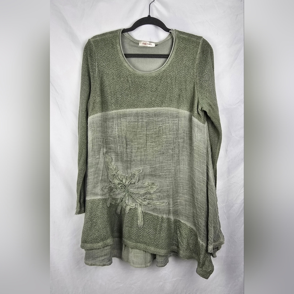 Simply Couture Embroidered Boho Artsy Mixed Media Green Gauzy Tunic Top sz L